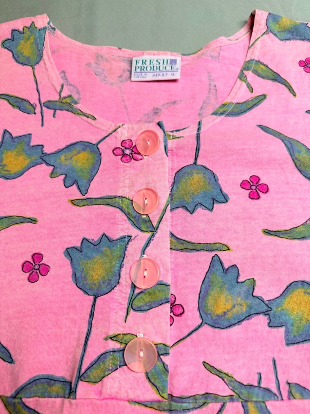 Fresh Produce Vintage 90s Dress XL Pink Floral Tulip 100% Cotton Knit US Coastal - Picture 9 of 14